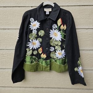 Carrie Allen black art to wear embroidered beaded flower jacket XL